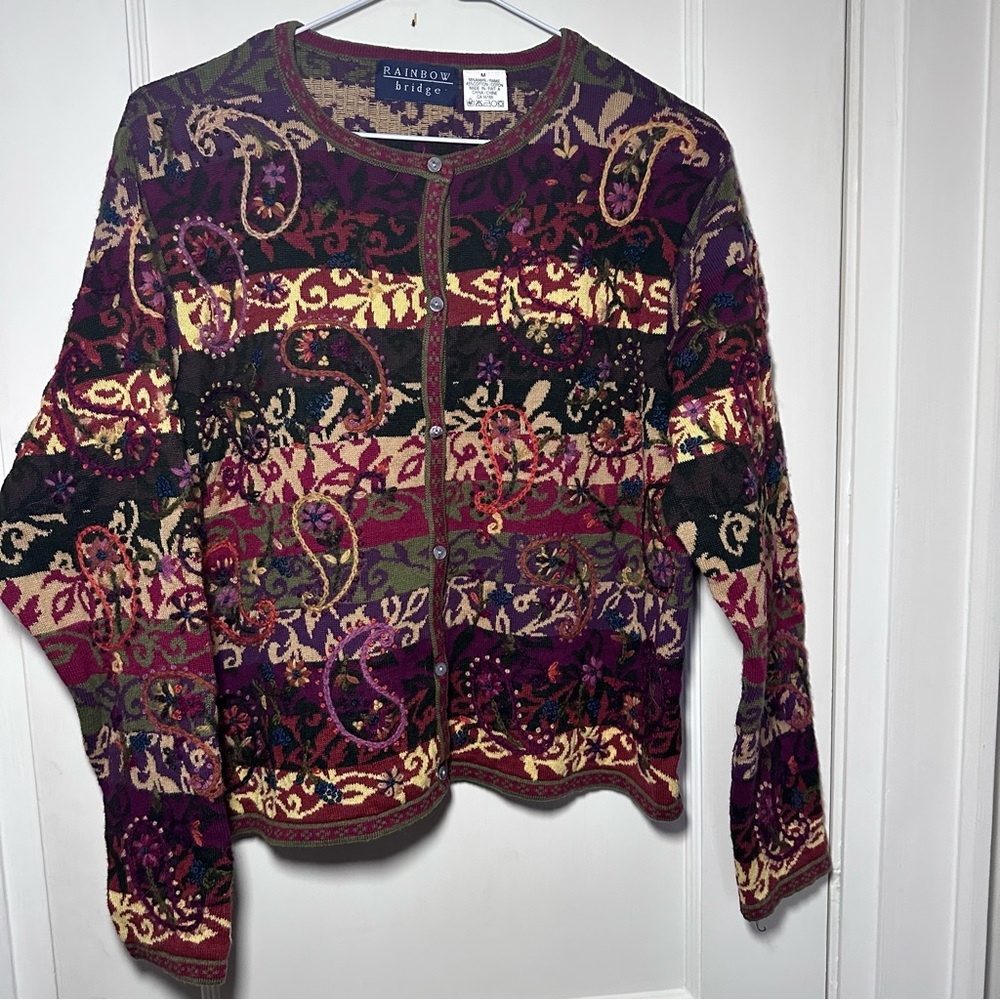 Vintage Rainbow Bridge Cardigan Sweater, Size Medium, Embroidered, Multicolour